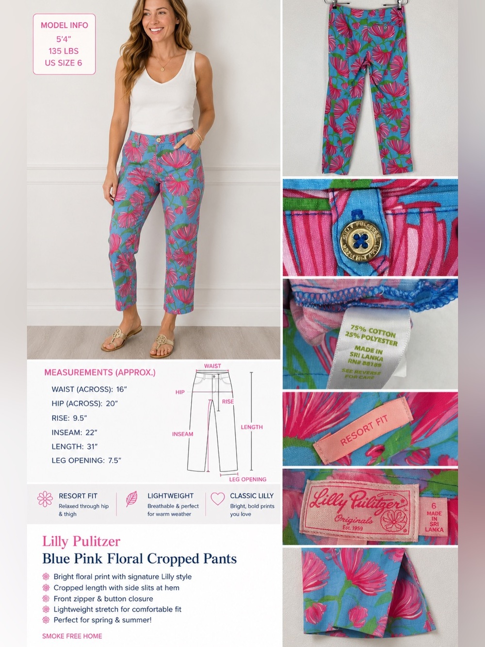 Lilly Pulitzer Resort Fit Blue Pink Floral Cropped Pants – Size 6